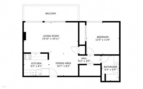 Floor plan for 1 bed, 1 bath, 750 sqft